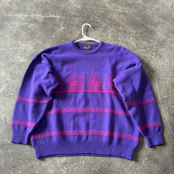 Vintage Kenny Wool Sweater Womens L Purple Pink Houses Cottage Oversized Knit - Picture 1 of 8